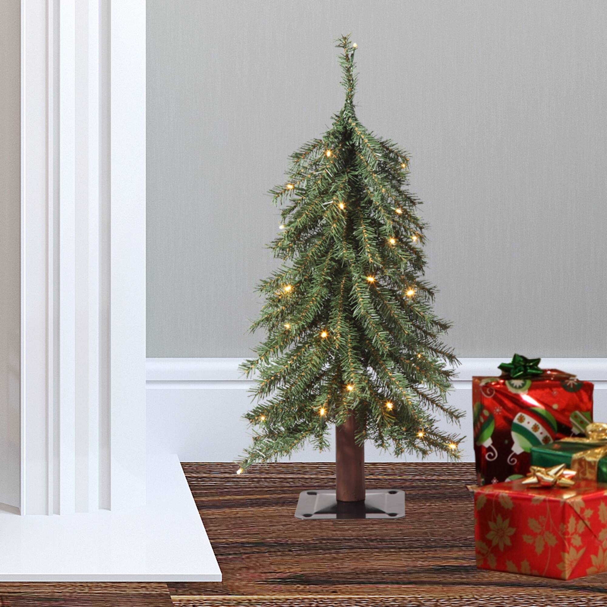 2ft. Pre-Lit Mountain Fir Artificial Christmas Tree with Natural Wood Pole, Soft White Battery Operated LED Lights